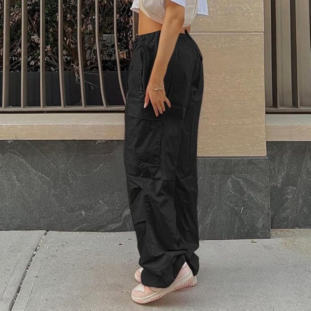 YAHUIUL Black Cargo/Parachute Baggy Low Waist Pants Size XS - Picture 2 of 8